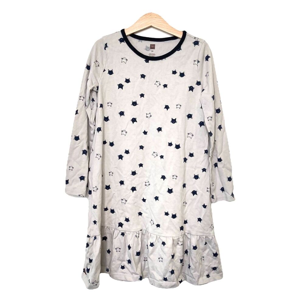 Tea Collection Dress Girl 10 Gray Black Cat Print Drop Waist Tiered Casual Comfy